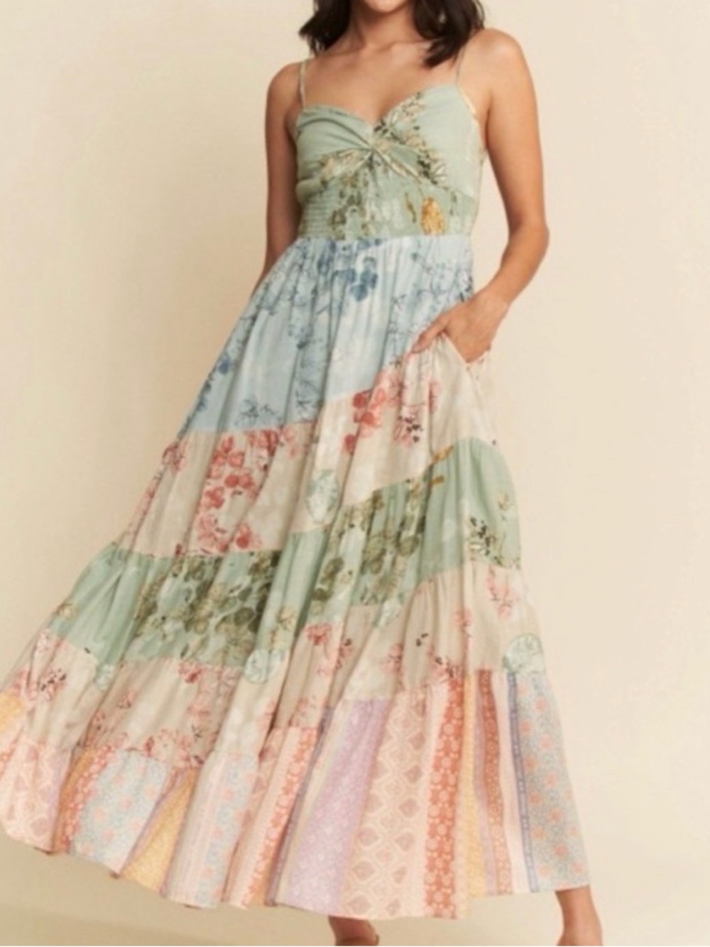 DAVI & DANI Multi-Panel Floral Tiered Maxi Dress in Sage and Cream - Picture 2 of 2